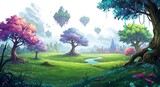 Paesaggio fantastico alberi colorati luce soffusa isole fluttuanti. AI Generated