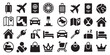 © mjkdesigns - Solid black silhouette icon set of lifestyle and miscellaneous elements, including airplane, suitcase, passport, car and more, bold flat vector shapes, clean modern style, professional design