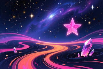 Wall Mural - Brightly glowing stars create a magical, colorful holiday illustration against a dark night sky