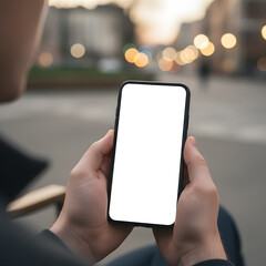 Close-up of man holding smartphone with blank white screen outdoors, mobile phone mockup for app, website, or UI design presentation