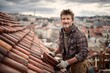© nicole - Rugged Roofer with Red Clay Tiles on Sloped Rooftop and City Skyline