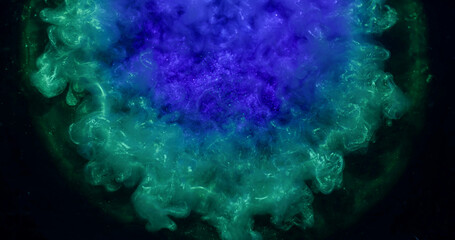 Wall Mural - Art splash. Shiny fluid. Blue violet green turquoise round sparkling mix on black background. Color dust ink abstract blend blur water.