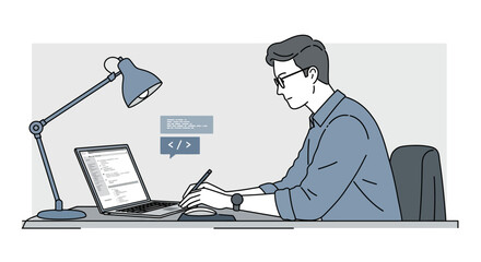 Focused Coder Working on Laptop with Code Bubbles Illustration