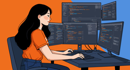 Software Developer at Work Coding with Multiple Monitors