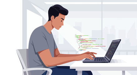Focused young developer coding on laptop, crafting innovative digital solutions in a modern tech environment