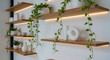 © Zainal Abidin - Floating bamboo shelves with trailing plants and minimalist ceramic decor, lit by hidden LED strips.