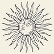 © Sotock - A stylized hand drawn illustration of a celestial sun with a serene human face and wavy rays radiating outwards against a pale cream background perfect for mystical and astrological designs