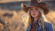© sambath - A woman with long blonde hair wearing a cowboy hat and denim jacket, standing in a field of tall grass at sunset.