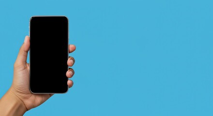Holding a sleek new smartphone with empty screen against vibrant blue background perfect for app promotion or mobile tech innovation