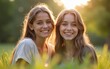 © happy - young pretty girlfriends over nature background, in the garden. High quality