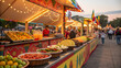 © TanminAkter - Vibrant outdoor food stalls at a festival with diverse dishes and string lights full hd 4k stock image download