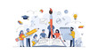 © Yahya - A diverse team collaborates on a creative project, brainstorming around a giant open book with educational icons.