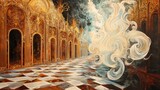 Surreal Dreamscape of an Ornate Golden Hall with Ethereal Smoke.