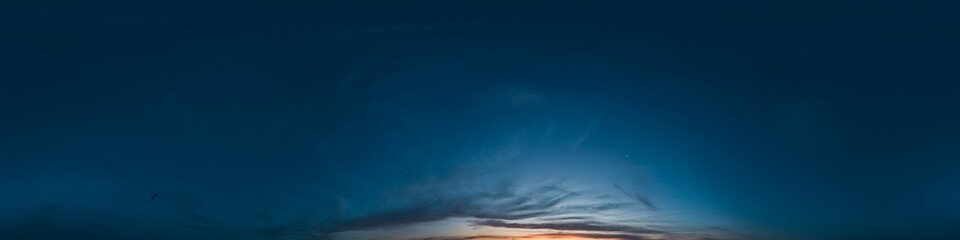 Wall Mural - Dark moody twilight Sunset sky 360 panorama with bright glowing red pink Cirrus clouds. HDR 360 seamless spherical panorama. Sky dome for aerial drone panoramas. Climate and weather change