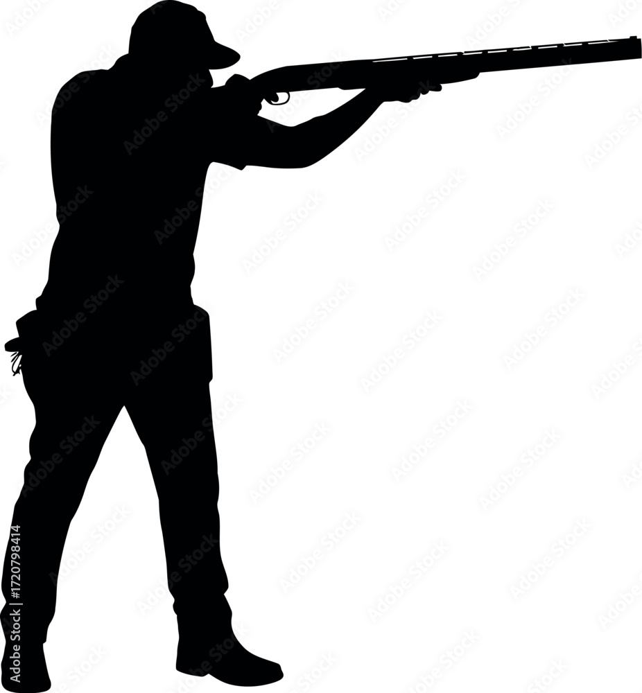 Silhouette of a man aiming a shotgun during a shooting sport event ...