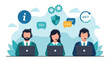 © Mostafiz - A team of three customer service representatives wearing headsets and working on laptops, with icons representing information and support isolated on transparent background