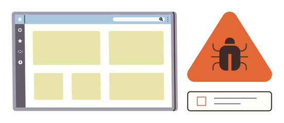 Browser interface displaying content layout next to a triangular bug warning sign and checkbox form. Ideal for cybersecurity, error fixing, debugging, software issues, IT troubleshooting, online
