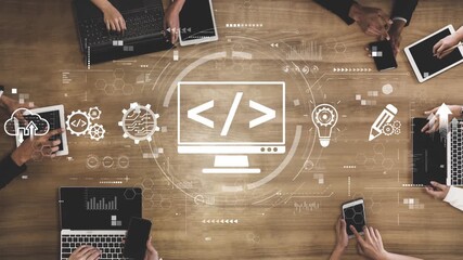 Modern web development concept featuring coding symbols, web development process, web development interface, and web development tools with futuristic design. Muxer