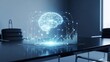 © Ahmad - A glowing digital brain connected to business graphs and data points sits on a boardroom table, symbolizing artificial intelligence in business strategy and analysis.