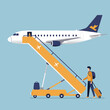 © nurionstudio - Vector Illustration of Passenger Airplane Boarding Scene in Modern Flat Style with Bright Colors