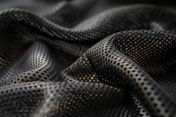 Close up of black mesh fabric creating dynamic waves and folds, highlighting its texture and flexibility
