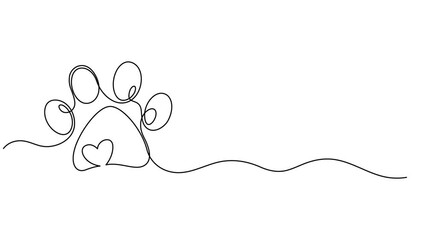 Video. Dog and cat paw hearts drawn in one continuous line. Dog paw prints in a heart frame in a simple linear style, Concept of love for animals .Animation on white background 4K. cat paw. vector.