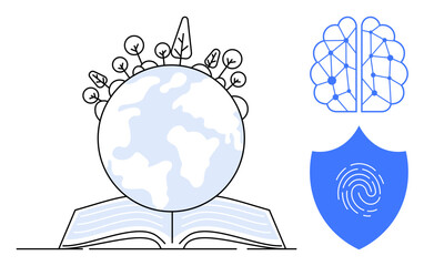 Wall Mural - Earth with plants emerging from an open book, interconnected brain, and shield with fingerprint. Ideal for education, innovation, ecology, technology, sustainability, security and growth concepts