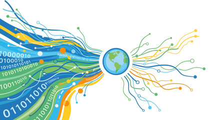An abstract illustration of global connectivity, with digital binary code flowing into the Earth and network lines flowing out.