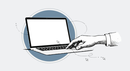 Illustration of a hand interacting with a laptop, showcasing technology and digital interaction.