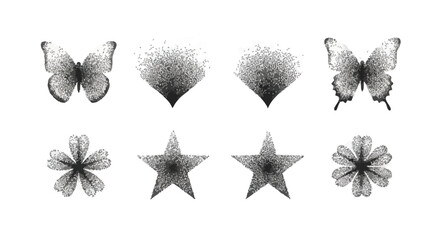 Wall Mural - A collection of eight stippled graphic elements including butterflies, abstract shapes, stars, and flowers.