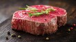 © sambath - Two slices of beef steak on a wooden table with rosemary and peppercorns.