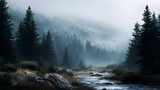 Misty mountain valley landscape with a serene forest and a flowing stream in soft natural light