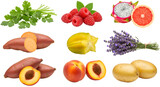 Fresh healthy fruits and herbs assortment including sweet potatoes, raspberries, peaches, starfruit, lavender, potatoes, grapefruit, and dragon fruit, perfect for food blogs and recipes