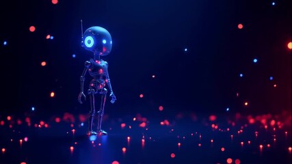 A futuristic robot character stands in a vibrant, glowing environment filled with colorful lights