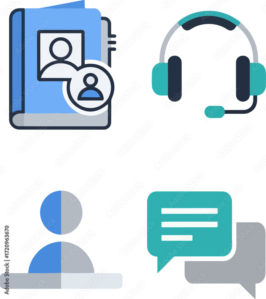 Collection of communication symbols representing contact book, headset, user profile, and speech bubbles on white, suggesting connection and support.