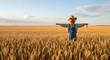 © MARS - A scarecrow stands in a golden wheat field at sunset, with a vast blue sky and clouds above