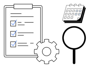 Wall Mural - Task checklist with completed items, calendar, magnifying glass, and gear symbolizing planning, analysis, and systems. Ideal for project management, productivity, workflow goal-setting