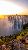 Majestic Victoria Falls at Sunrise, Zimbabwe, with Lush Greenery and Mist