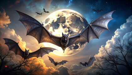 Wall Mural - A spooky Halloween night illustration with a full moon, a witch's shadow on a broomstick, and bats flying in the sky