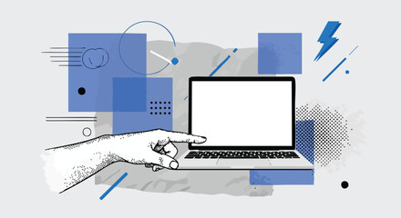 Laptop with hand pointing at screen against abstract background.