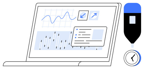 Wall Mural - Laptop screen showing graphs, charts, and notes alongside a marker and clock. Ideal for analytics, productivity, time management, research, strategy planning education. Minimal flat metaphor
