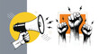 © Muflif - A dynamic illustration depicting a hand holding a megaphone on the left, symbolizing communication, and three raised clenched fists on the right, representing protest and power.