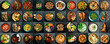 © Yaruniv-Studio - Photo collage of food on plates. Banner with a lot of images of dishes and snacks. On a black background. Top view. Wide horizontal image.