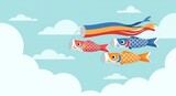 Koi Fish Banners Flying Through Blue Sky Surrounded by Fluffy Clouds