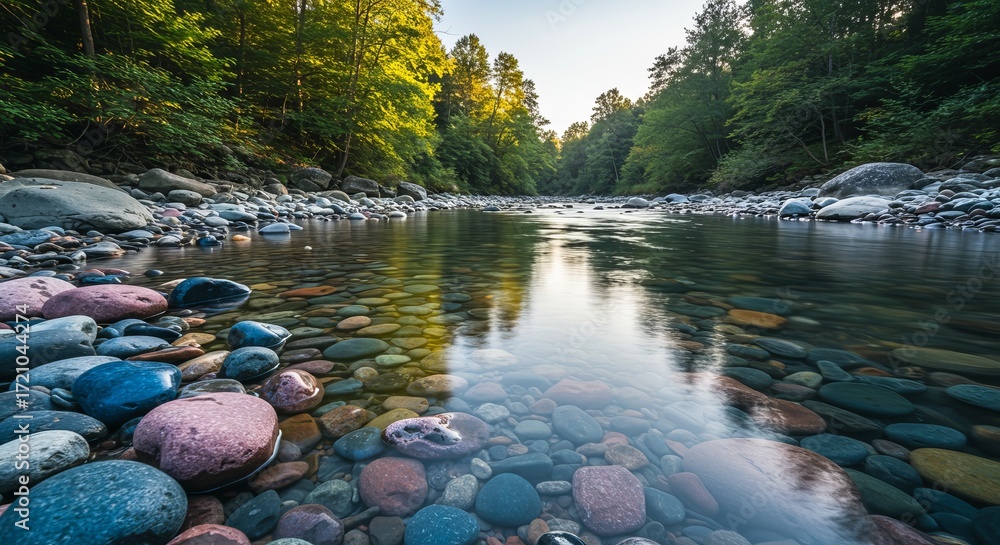 Serene river flows through lush forest, sunlit pebbles gleam beneath ...
