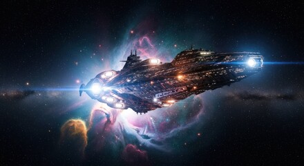 Wall Mural - Spaceship sails through nebula, trailing bright light streaks