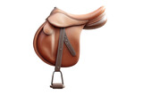 Elegant brown leather horse saddle with stirrups on white background, cut out