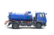 © Anoo - A blue vacuum truck, isolated on a background, ready to pump and remove liquid waste. The truck is equipped with hoses and equipment for efficient waste disposal and removal.