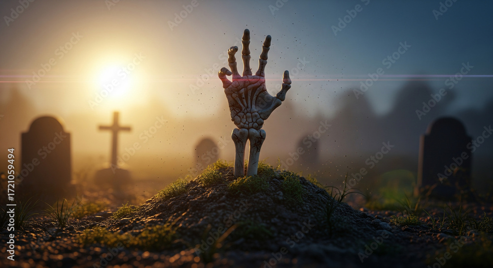 Undead skeleton hand rising from grave at sunrise, eerie and mysterious ...