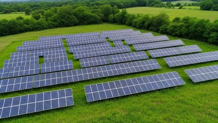 Solar panel array in a field, showcasing renewable energy and sustainability
